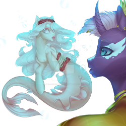 Size: 1280x1280 | Tagged: safe, artist:melodyboundless, imported from derpibooru, oc, oc only, merpony, pony, seapony (g4), unicorn, blue eyes, bubble, curved horn, deviantart watermark, dorsal fin, female, fish tail, flowing tail, horn, lipstick, looking at each other, obtrusive watermark, simple background, tail, transparent background, watermark