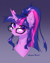 Size: 1204x1500 | Tagged: safe, artist:vincher, imported from derpibooru, sci-twi, twilight sparkle, alicorn, pony, unicorn, equestria girls, bust, chromatic aberration, collaboration, collaboration:too many twilight, ear fluff, equestria girls ponified, female, glasses, gradient background, mare, ponytail, portrait, solo, unicorn sci-twi