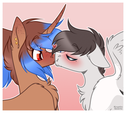 Size: 1219x1094 | Tagged: safe, artist:krypticquartz, imported from derpibooru, oc, oc only, oc:heart sketch, pegasus, pony, unicorn, blushing, chest fluff, commission, eyes closed, female, floating heart, floppy ears, gradient background, heart, kissing, male, mare, oc x oc, shipping, stallion, white outline, ych result