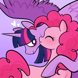 Size: 2048x2050 | Tagged: safe, artist:sicknastyjr, imported from derpibooru, pinkie pie, twilight sparkle, alicorn, earth pony, pony, cheek kiss, duo, duo female, eyes closed, female, heart, high res, kissing, lesbian, mare, purple background, shipping, simple background, smiling, twilight sparkle (alicorn), twinkie, white pupils