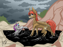 Size: 4000x3000 | Tagged: safe, alternate version, artist:stirren, imported from derpibooru, oc, oc only, donkey, pegasus, pony, alternate character, blushing, butt, cloud, commission, day, donkey oc, duo, folded wings, horn, looking at you, looking back, looking back at you, male, outdoors, pegasus oc, peril, pit, plot, quicksand, scared, signature, sinking, sky, stuck, tar, wings, ych result, your character here