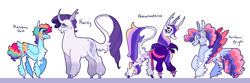 Size: 5250x1750 | Tagged: safe, artist:goatpaste, imported from derpibooru, rainbow dash, rarity, oc, oc:amaranthine, oc:rainbow bright, pegasus, pony, unicorn, clothes, family, female, glasses, jacket, lesbian, magical lesbian spawn, mare, offspring, parent:rainbow dash, parent:rarity, parents:raridash, raridash, shipping, simple background, white background