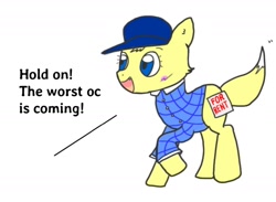 Size: 1416x1036 | Tagged: safe, artist:foxy1219, imported from derpibooru, oc, oc only, oc:foxy whooves, fox, fox pony, hybrid, pony, blank flank, cap, clothes, fangs, hat, male, plaid shirt, reaction image, reference sheet, shirt, simple background, solo, species swap, talking, white background