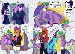 Size: 3500x2500 | Tagged: safe, artist:theartfox2468, imported from derpibooru, garble, princess ember, smolder, spike, starlight glimmer, twilight sparkle, alicorn, anthro, dragon, unicorn, blushing, dialogue, dragoness, female, height difference, high res, male, mare, noogie, older, older spike, puberty, speech bubble, story included, twilight sparkle (alicorn), winged spike, wings