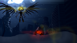 Size: 2560x1440 | Tagged: safe, artist:darky_wings, imported from derpibooru, pony, robot, robot pony, city, creepy, drone, fanart, knife, murder drones, night, serial designation v, smg4, snow