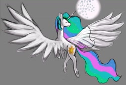 Size: 1336x900 | Tagged: safe, artist:lefi32, imported from derpibooru, princess celestia, alicorn, pony, eyes closed, female, flying, gray background, horn, mare in the moon, moon, simple background, smiling, solo, wings