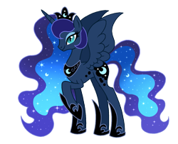 Size: 1499x1215 | Tagged: safe, artist:madlilon2051, imported from derpibooru, princess luna, alicorn, pony, base used, ethereal mane, female, hoof shoes, horn, jewelry, mare, older, older princess luna, peytral, raised hoof, simple background, smiling, solo, starry mane, tiara, transparent background, wings