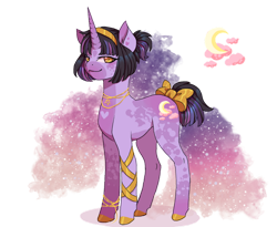 Size: 1280x1051 | Tagged: safe, artist:brot-art, imported from derpibooru, oc, oc only, pony, unicorn, bow, coat markings, concave belly, crescent moon, female, hoof polish, horn, magical lesbian spawn, mare, moon, offspring, parent:princess amore, parent:princess luna, simple background, slim, smiling, solo, stars, tail, tail bow, thin, transparent background, unicorn oc