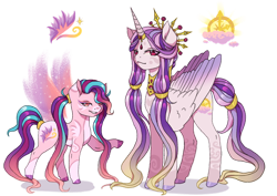 Size: 1280x905 | Tagged: safe, artist:brot-art, imported from derpibooru, oc, oc only, alicorn, earth pony, pony, alicorn oc, artificial wings, augmented, duo, earth pony oc, female, hoof polish, horn, magic, magic wings, magical lesbian spawn, mare, offspring, parent:princess cadance, parent:princess celestia, raised hoof, simple background, smiling, transparent background, wings
