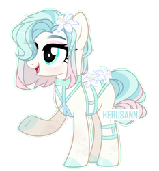 Size: 2300x2468 | Tagged: safe, artist:herusann, artist:mint-light, imported from derpibooru, oc, oc only, earth pony, pony, base used, earth pony oc, eyelashes, female, flower, flower in hair, high res, mare, raised hoof, simple background, smiling, solo, transparent background