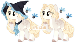 Size: 8000x4444 | Tagged: safe, artist:herusann, imported from derpibooru, oc, oc only, earth pony, parasprite, pony, base used, choker, duo, earth pony oc, eye clipping through hair, eyelashes, female, hat, hoof polish, mare, simple background, smiling, transparent background, witch hat