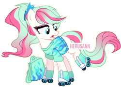 Size: 3690x2660 | Tagged: safe, artist:herusann, artist:mint-light, imported from derpibooru, oc, oc only, earth pony, pony, bag, base used, clothes, earth pony oc, eyelashes, female, high res, looking back, mare, roller skates, simple background, smiling, solo, transparent background