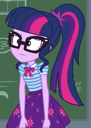 Size: 504x705 | Tagged: safe, imported from derpibooru, screencap, sci-twi, twilight sparkle, equestria girls, equestria girls series, holidays unwrapped, spoiler:eqg series (season 2), <:|, arms down, chalkboard, clothes, cropped, cutie mark on clothes, disappointed, drat, female, geode of telekinesis, glasses, jewelry, magical geodes, pendant, polo shirt, skirt, solo, the cider louse fools