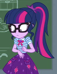 Size: 560x726 | Tagged: safe, imported from derpibooru, screencap, sci-twi, twilight sparkle, equestria girls, equestria girls series, holidays unwrapped, spoiler:eqg series (season 2), :|, bowtie, clothes, cropped, cutie mark on clothes, female, geode of telekinesis, glasses, huh, jewelry, looking down, magical geodes, pendant, polo shirt, ponytail, skirt, solo, the cider louse fools