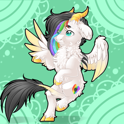 Size: 2834x2834 | Tagged: safe, artist:schokocream, imported from derpibooru, oc, oc only, oc:lightning bliss, alicorn, pony, abstract background, chest fluff, cloven hooves, colored wings, female, high res, horns, leonine tail, mare, solo, tail, two toned wings, wings