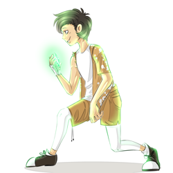 Size: 1984x1984 | Tagged: safe, artist:schokocream, imported from derpibooru, oc, oc only, oc:tyandaga, human, clothes, converse, gem, glowing hands, humanized, male, shoes, shorts, simple background, smiling, white background