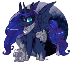 Size: 2200x1963 | Tagged: safe, artist:shinyantlers, imported from derpibooru, princess luna, alicorn, bat pony, bat pony alicorn, pony, bat wings, ethereal mane, female, helmet, hoof shoes, horn, mare, peytral, raised hoof, simple background, solo, starry mane, transparent background, wings