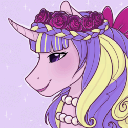 Size: 500x500 | Tagged: safe, artist:royvdhel-art, imported from derpibooru, oc, oc only, pony, unicorn, animated, blinking, bust, commission, female, floral head wreath, flower, gif, jewelry, lipstick, mare, necklace, pearl necklace, pink background, simple background, smiling, ych result
