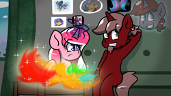 Size: 2560x1440 | Tagged: safe, artist:tranzmuteproductions, imported from derpibooru, oc, oc only, oc:obabscribbler, alicorn, pony, alicorn oc, arm behind head, female, glowing, glowing horn, grin, horn, indoors, magic, mare, smiling, telekinesis, wings