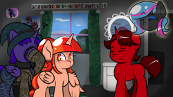 Size: 2560x1440 | Tagged: safe, artist:tranzmuteproductions, imported from derpibooru, oc, oc only, oc:obabscribbler, oc:scribbler, alicorn, pony, unicorn, alicorn oc, facehoof, female, hat, horn, indoors, male, mare, stallion, unamused, unicorn oc, wings, witch hat