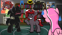Size: 2560x1440 | Tagged: safe, artist:tranzmuteproductions, imported from derpibooru, oc, oc only, oc:curse word, oc:thelostnarrator, pony, unicorn, alicorn co, angry, blushing, female, grin, indoors, male, mare, smiling, stallion