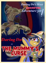 Size: 846x1147 | Tagged: safe, artist:tranzmuteproductions, imported from derpibooru, daring do, oc, pegasus, pony, clothes, duo, female, hat, looking back, mare, mummy, pith helmet, poster, wings