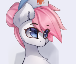 Size: 2689x2257 | Tagged: safe, artist:jfrxd, imported from derpibooru, nurse redheart, earth pony, pony, bust, chest fluff, eye clipping through hair, eyebrows, eyebrows visible through hair, female, hat, high res, nurse hat, simple background, solo, white background