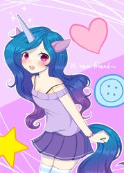 Size: 1000x1400 | Tagged: safe, artist:dddreamdraw, imported from derpibooru, izzy moonbow, human, unicorn, blushing, clothes, eared humanization, female, g5, horn, horned humanization, humanized, my little pony: a new generation, open mouth, skirt, solo, stockings, thigh highs