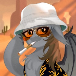 Size: 1500x1500 | Tagged: safe, artist:shimisen, imported from derpibooru, oc, oc only, oc:devin, bat pony, pony, 70s, aviator sunglasses, bat wings, bucket hat, cactus, chest fluff, cigarette, cigarette holder, clothes, desert, fear and loathing in las vegas, hat, hawaiian shirt, hunter s. thompson, las vegas, looking at you, male, movie reference, raoul duke, ray-ban shooter, shirt, smoking, solo, stallion, sunglasses, unshorn fetlocks, wings