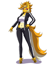 Size: 2480x3189 | Tagged: artist needed, safe, imported from derpibooru, oc, oc only, oc:blondie, anthro, unguligrade anthro, breasts, clothes, female, fluffy tail, high res, midriff, simple background, solo, sports bra, tail, thighs, white background