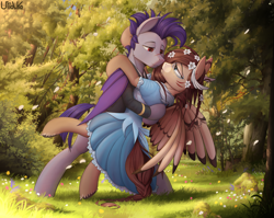 Size: 3900x3100 | Tagged: safe, artist:uliovka, imported from derpibooru, oc, oc only, oc:ondrea, oc:thunder run, bat pony, pegasus, pony, bipedal, clothes, commission, dress, female, forest, grass, high res, lidded eyes, looking at each other, male, mare, oc x oc, romantic, scenery, shipping, smiling, stallion, stallion on mare, straight, thundrea, tribal markings, wings