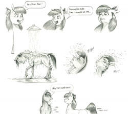 Size: 1400x1248 | Tagged: safe, artist:baron engel, imported from derpibooru, apple bloom, oc, oc:stone mane (baron engel), earth pony, pony, colt, female, filly, male, monochrome, pencil drawing, shower, traditional art, wet, wet mane