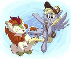 Size: 1200x1000 | Tagged: safe, artist:rocket-lawnchair, imported from derpibooru, autumn blaze, derpy hooves, kirin, pegasus, pony, cap, duo, eyes closed, feather, female, hat, mailbag, open mouth, open smile, positive body image, smiling, spread wings, wings
