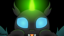 Size: 1280x720 | Tagged: safe, artist:tcgamebot, imported from derpibooru, oc, oc:changelink, changeling, dark background, fangs, glowing, glowing eyes, glowing horn, horn, looking at you, magic, simple background, smiling, solo, spread wings, tongue out, wings