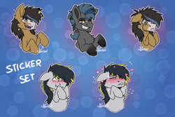 Size: 960x640 | Tagged: safe, artist:lionbun, imported from derpibooru, oc, oc:gear (gearslavehorse), oc:shrapnel (gearslavehorse), oc:thunder arch, blushing, crying, cute, happy, sassy, smiling, smirk, sticker, sticker set