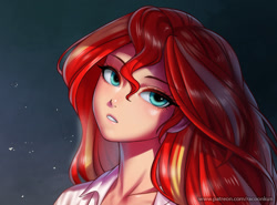 Size: 900x666 | Tagged: safe, artist:racoonsan, imported from derpibooru, sunset shimmer, human, equestria girls, beautiful, bust, cute, eyebrows, eyebrows visible through hair, female, humanized, looking at you, patreon, portrait, simple background, solo