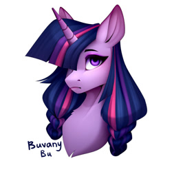 Size: 800x800 | Tagged: safe, artist:buvanybu, imported from derpibooru, twilight sparkle, pony, alternate hairstyle, bust, chest fluff, cute, female, hair over one eye, mare, portrait, simple background, solo, twiabetes, white background