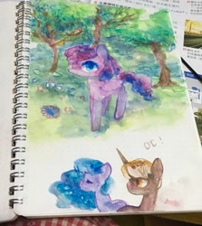 Size: 2030x2275 | Tagged: safe, artist:laurasrxfgcc, imported from derpibooru, pinkie pie, oc, oc only, earth pony, pegasus, pony, unicorn, earth pony oc, high res, horn, irl, notebook, pegasus oc, photo, traditional art, tree, unicorn oc