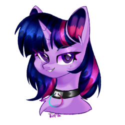 Size: 2253x2255 | Tagged: safe, artist:thieftea, imported from derpibooru, twilight sparkle, alicorn, pony, unicorn, bust, collar, dreamworks face, eye clipping through hair, eyebrows, eyebrows visible through hair, female, grin, head, high res, looking at you, mare, portrait, simple background, smiling, smiling at you, solo, twilight sparkle (alicorn), white background