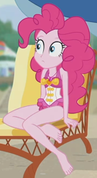 Size: 356x652 | Tagged: safe, imported from derpibooru, screencap, pinkie pie, equestria girls, equestria girls series, friendship math, anatomically incorrect, bare shoulders, barefoot, clothes, confused, cute, diapinkes, feet, female, one-piece swimsuit, pinkie pie swimsuit, sleeveless, solo, swimsuit