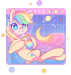Size: 873x916 | Tagged: safe, artist:wavecipher, imported from derpibooru, oc, oc only, oc:candy sparkles, candy pony, food pony, original species, cup, drinking, drinking straw, eyebrows, eyebrows visible through hair, female, ice cube, smiling, solo, white pupils
