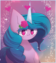 Size: 1900x2150 | Tagged: safe, artist:miryelis, imported from derpibooru, izzy moonbow, pony, unicorn, :3, bust, cute, eye clipping through hair, female, flower, flower in hair, g5, gradient background, heart, high res, horn, izzybetes, looking at you, mare, my little pony: a new generation, portrait, smiling, smiling at you, solo