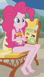 Size: 473x826 | Tagged: safe, imported from derpibooru, screencap, pinkie pie, equestria girls, equestria girls series, friendship math, bare shoulders, barefoot, clothes, cute, diapinkes, feet, female, happy, magazine, one-piece swimsuit, pinkie pie swimsuit, sleeveless, solo, swimsuit, tiptoe