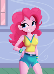 Size: 3300x4509 | Tagged: safe, artist:tjpones, imported from derpibooru, pinkie pie, equestria girls, breasts, busty pinkie pie, clothes, female, grin, hand on hip, high res, shorts, smiling, solo, sweatband