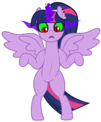 Size: 3992x4853 | Tagged: safe, artist:severity-gray, imported from derpibooru, twilight sparkle, alicorn, pony, alternate hairstyle, ankha zone, bipedal, crown, dark magic, eyeshadow, female, jewelry, magic, magic aura, makeup, mare, meme, open mouth, parody, piercing, ponified meme, ponytail, red eyes, regalia, simple background, solo, sombra eyes, spread wings, standing, standing up, tiara, transparent background, twilight sparkle (alicorn), unamused, wide eyes, wings