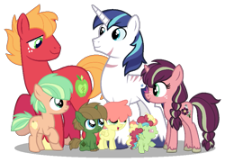 Size: 825x595 | Tagged: safe, artist:angrypanda1104, imported from derpibooru, big macintosh, shining armor, oc, oc:athena empire apple, oc:celestial harvest, oc:evergreen, oc:peach bright, oc:star fruit, earth pony, pegasus, pony, unicorn, base used, colt, family, female, filly, gay, infidelity, magical gay spawn, male, offspring, parent:big macintosh, parent:shining armor, parents:shiningmac, shiningmac, shipping, simple background, stallion, transparent background, unshorn fetlocks