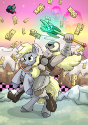 Size: 2480x3508 | Tagged: safe, artist:rainihorn, imported from derpibooru, derpy hooves, human, pegasus, pony, anniversary, cheese, dovahkiin, female, food, games, high res, humans riding ponies, ice, john cena, male, missing texture, mods, moon, riding, scepter, skyrim, skyrim mod, sparkles, stars, sweet roll, the elder scrolls, thomas the tank engine, twilight scepter, video game, wabbajack