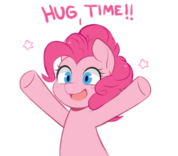 Size: 644x567 | Tagged: safe, artist:higgly-chan, imported from derpibooru, pinkie pie, earth pony, pony, blushing, cute, dialogue, diapinkes, female, happy, hug, hug time, incoming hug, mare, open mouth, simple background, solo, stars, surprise hug, text, white background