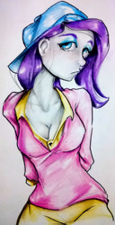 Size: 1024x2001 | Tagged: safe, artist:nolyanimeid, imported from derpibooru, rarity, equestria girls, alternate hairstyle, backwards ballcap, baseball cap, breasts, cap, cleavage, disguise, female, frown, hat, plainity, solo, traditional art