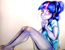 Size: 1024x787 | Tagged: safe, artist:nolyanimeid, imported from derpibooru, sci-twi, twilight sparkle, equestria girls, barefoot, breasts, feet, female, legs, looking at you, solo, traditional art